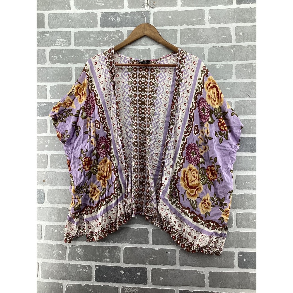 Angie Womens Floral Boho Kimono Cardigan Lavender Purple Open Front Small